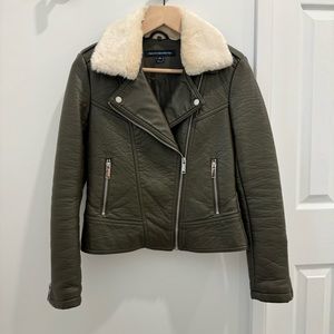 French Connection olive green faux leather moto jacket removable collar size XS